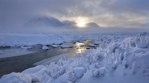 river, ice, snow, dawn