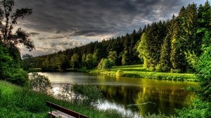 river, summer, bench, trees