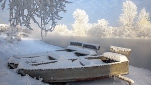 river, boats, winter, landscape - wallpapers, picture