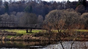river, bridge, trees, summer, grass