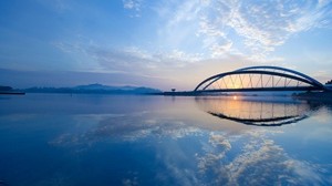 river, bridge, sunset, sky - wallpapers, picture