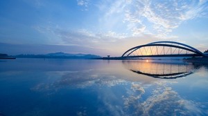 fluss, brücke, sonnenuntergang, himmel