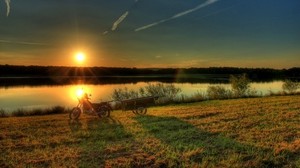river, motorcycle, sunset, grass - wallpapers, picture