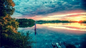 river, sky, trees, summer, flag - wallpapers, picture