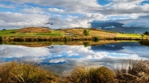 river, sky, grass, summer, shore