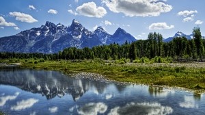 river, clouds, reflection, mountains, forest, harmony, bright