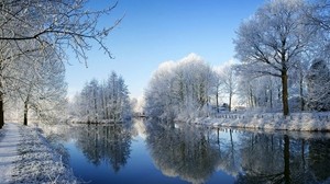 river, park, winter, trees, hoarfrost, reflection