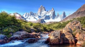 river, stream, mountains, peaks, forest, sky, noon, bright