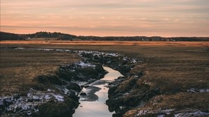 river, stream, flow, horizon, grass, sky - wallpapers, picture