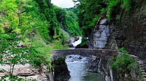 river, rocks, trees, bridge, stairs, landscape