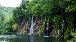 flod, klippor, vattenfall, träd, landskap