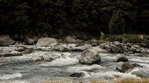 river, flow, stones, trees, grass - wallpapers, picture