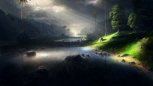 river, course, aspiration, light, painting, art - wallpapers, picture