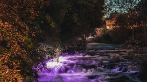 río, flujo, cascada, puesta de sol