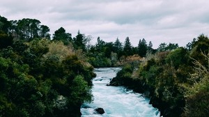 river, current, waves, trees