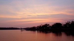 river, grass, sky, sunset