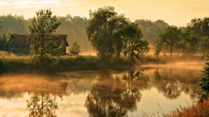 river, fog, house, morning, rays, sun, dawn, awakening