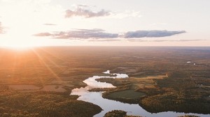 river, top view, trees, forest, sunset, horizon