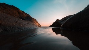 river, water, shore, dusk, stream