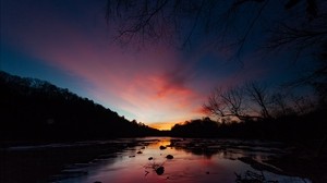 fiume, tramonto, orizzonte, alberi - wallpapers, picture