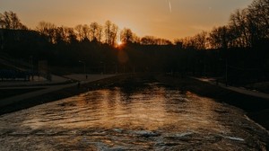 river, sunset, waves, foam