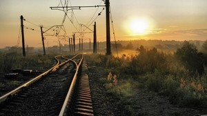 rails, sleepers, railway, path, evening, poles, wires