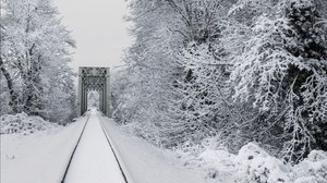 railway, snow, bridge, trees, winter - wallpapers, picture