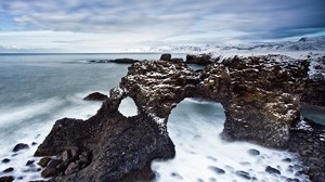 arrecifes, arcos, rocoso, costa, frío, nieve, neblina, vacío