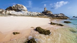 rev, kust, sand, stenar, strand, himmel, blå, solig