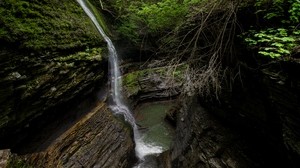stream, waterfall, rocks, stone, trees, forest