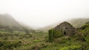 ruins, mountains, grass, fog