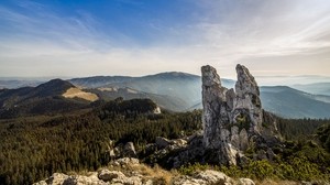 romania, mountains, stones, sky, trees - wallpapers, picture