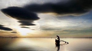 fisherman, lake, clouds, sky, boat