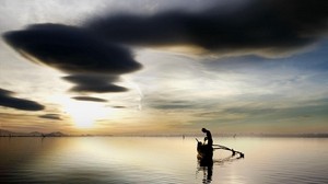 pescador, lago, nubes, cielo, barco