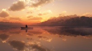 fisherman, fog, morning, boat, silhouette