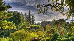 garden, sky, clouds, bridge, vegetation, arboretum, leaves, arbor, green
