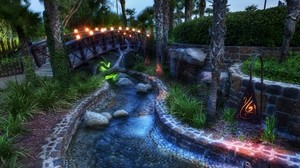 garden, night, bridge, light, lamps, stream