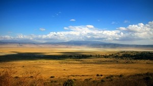 shroud, distance, open space, expanse, field, steppe, river, shrubs, clouds, sky - wallpapers, picture