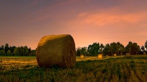 hay, stack, field, sunset, grass, sky