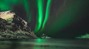 northern lights, aurora, mountain, snow, ice, norway