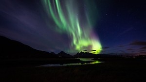 northern lights, aurora, mountains, night, starry sky, natural phenomenon, darkness - wallpapers, picture
