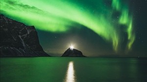 northern lights, aurora, mountains, lake, night, lights - wallpapers, picture