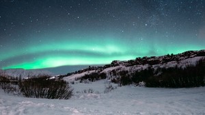 northern lights, aurora, night, starry sky, north, snow, landscape