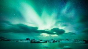 norrsken, aurora, sjö, is, horisont, Island - wallpapers, picture