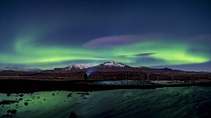northern lights, aurora, silhouette, mountains, snow, winter, starry sky, night - wallpapers, picture