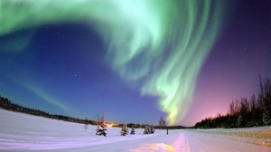 northern lights, aurora, winter, snow, starry sky