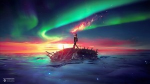 northern lights, photoshop, girl, ruins, lake