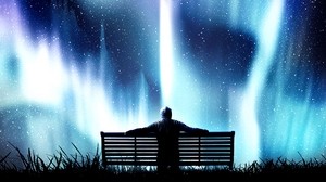 northern lights, bench, loneliness, photoshop, starry sky - wallpapers, picture