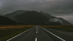 highway, mountains, marking, milford sound, fjordland, new zealand