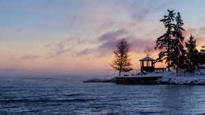 sweden, winter, bay, fog, dawn - wallpapers, picture